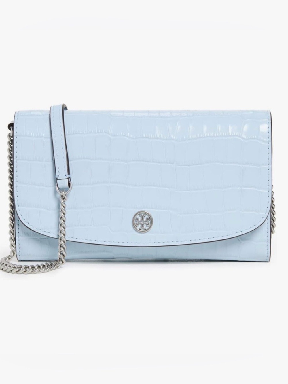 Tory Burch Pastel Blue Croc-Embossed Chain Crossbody